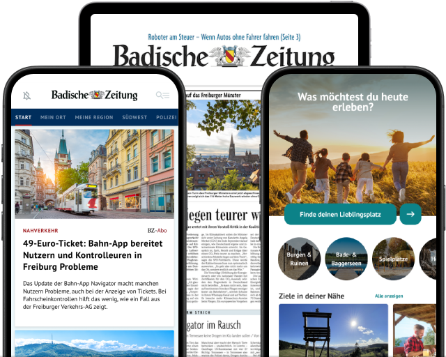 Digitale Angebote der Badischen Zeitung auf verschiedenen Gerten: Ein Laptop und ein Tablet zeigen die digitale Zeitung, ein Smartphone und ein Laptop einen Online-Artikel, ein weiteres Smartphone die Freizeit-App mit dem Hinweis ?enthlt Freizeit App.