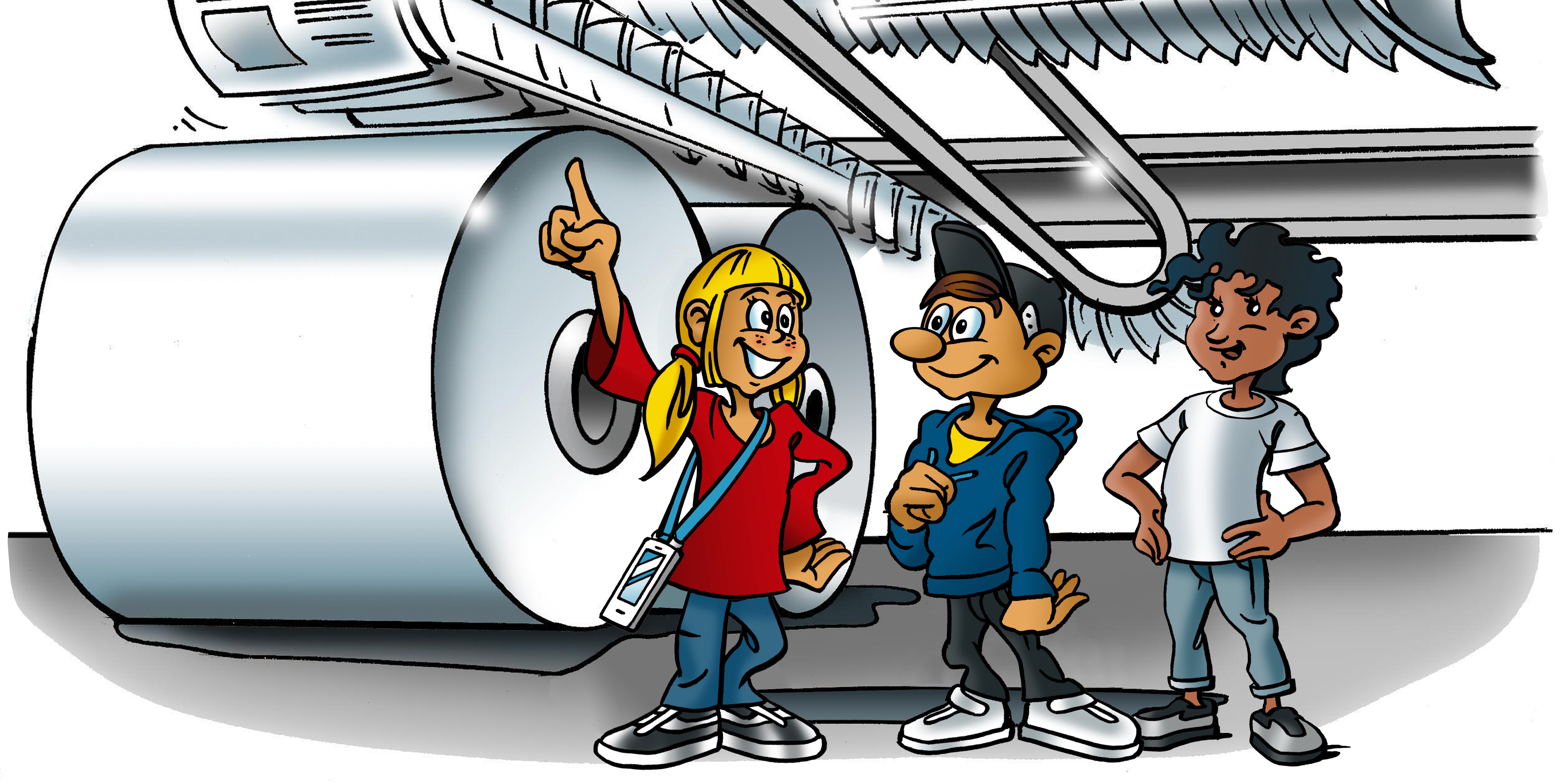 Illustration: Betti Z., B. Zetti und Bahati Zisch machen eine Betriebsführung